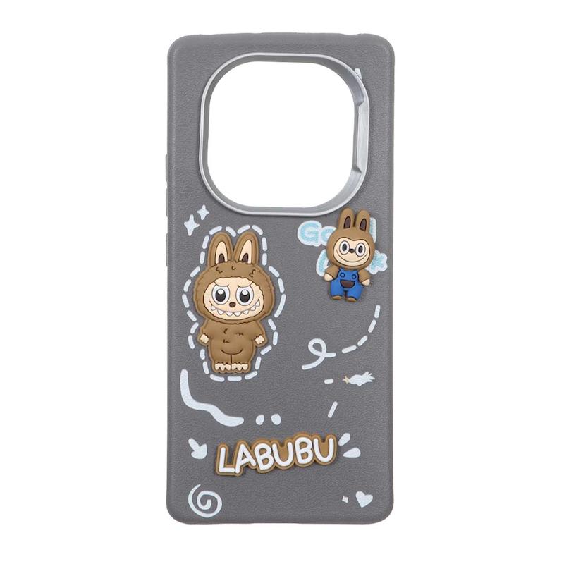 قاب گوشی Redmi Note 14 Pro 4G شیائومی لدرکیس عروسکی فانتزی سیلیکونی برجسته طرح چرمی لبوبو طوسی کد 105678