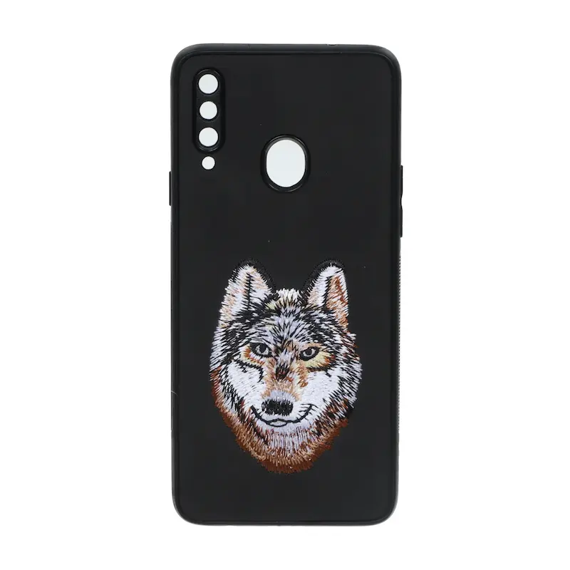 قاب گوشی Galaxy A20S سامسونگ گلدوزی جیر محافظ لنزدار طرح گرگ مشکی کد 105459