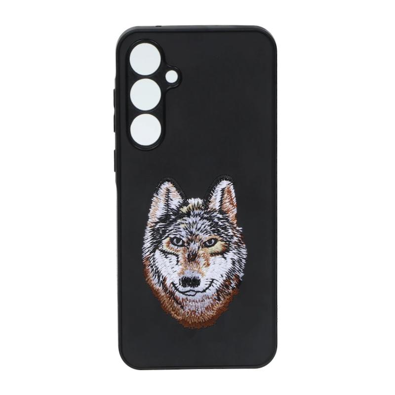 قاب گوشی Galaxy A55 سامسونگ گلدوزی جیر محافظ لنزدار طرح گرگ مشکی کد 105462