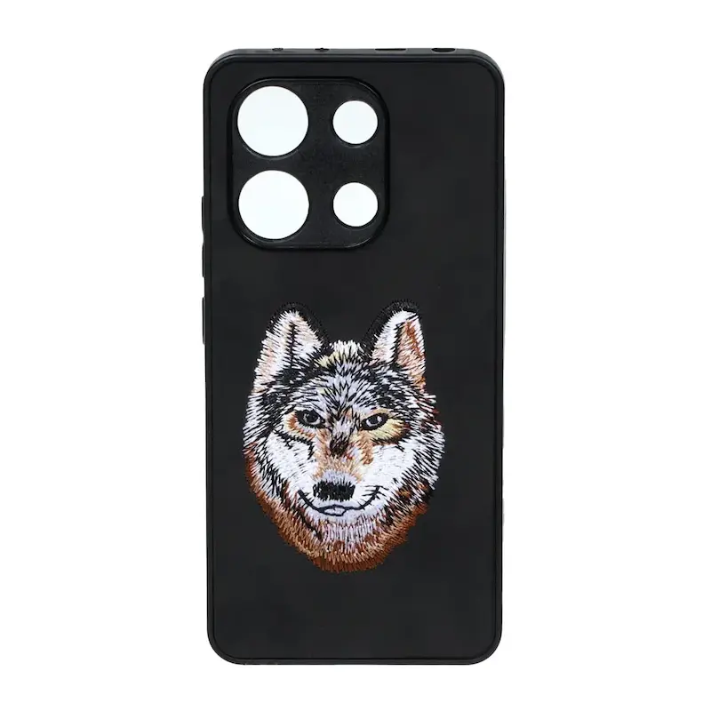 قاب گوشی Redmi Note 13 4G شیائومی گلدوزی جیر محافظ لنزدار طرح گرگ مشکی کد 105476