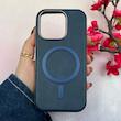قاب گوشی iPhone 16 Pro آیفون لاکچری چرمی HARD مگ سیف دار سرمه ای کد 105830
