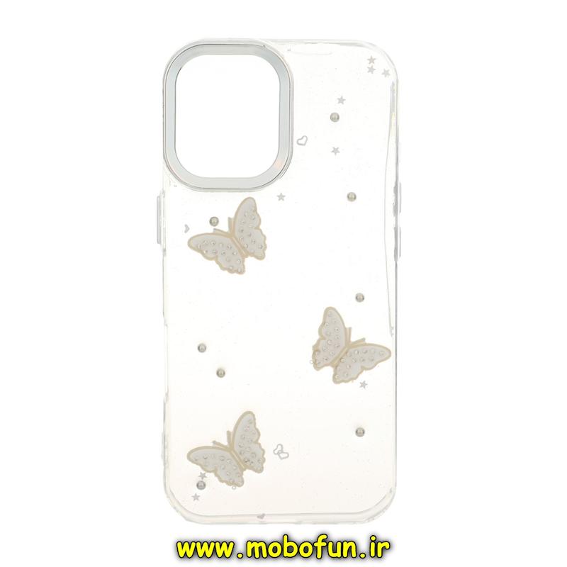 قاب گوشی iPhone 17 آیفون شفاف شاین لنز کرومی برجسته طرح پروانه کیوت کد 94350
