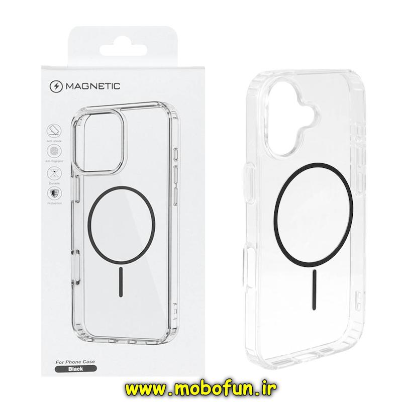 قاب گوشی iPhone 17 آیفون اورجینال طلقی شیشه ای شفاف ایربگ دار کپسولی مگ سیف دار Magnetic مشکی کد 94352