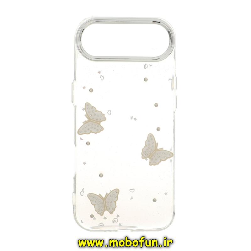 قاب گوشی iPhone 17 Air آیفون لاکچری شفاف شاین رزینی لنز کرومی طرح پروانه کیوت کد 94380
