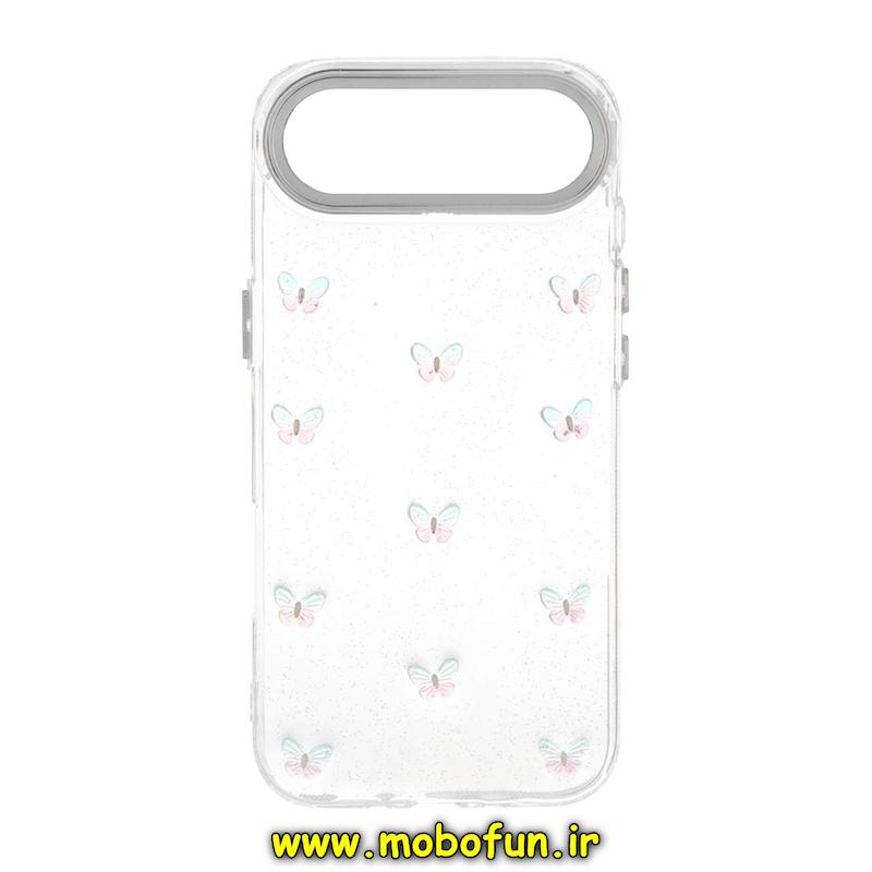 قاب گوشی iPhone 17 Air آیفون لاکچری شفاف شاین رزینی لنز کرومی طرح پروانه کیوت کد 94385