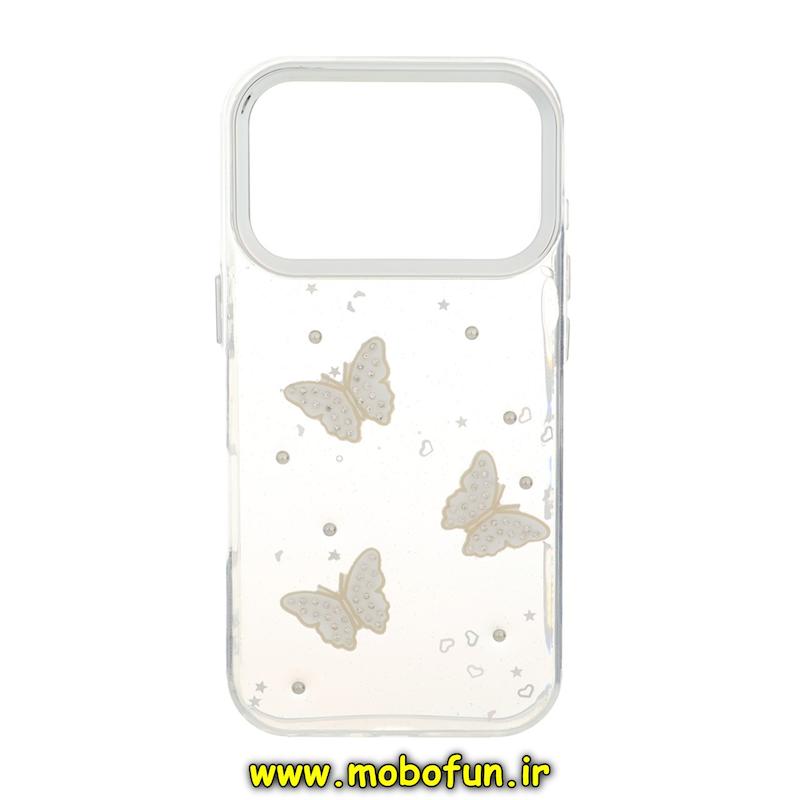 قاب گوشی iPhone 17 Pro آیفون لاکچری شفاف شاین رزینی لنز کرومی طرح پروانه کیوت کد 94423