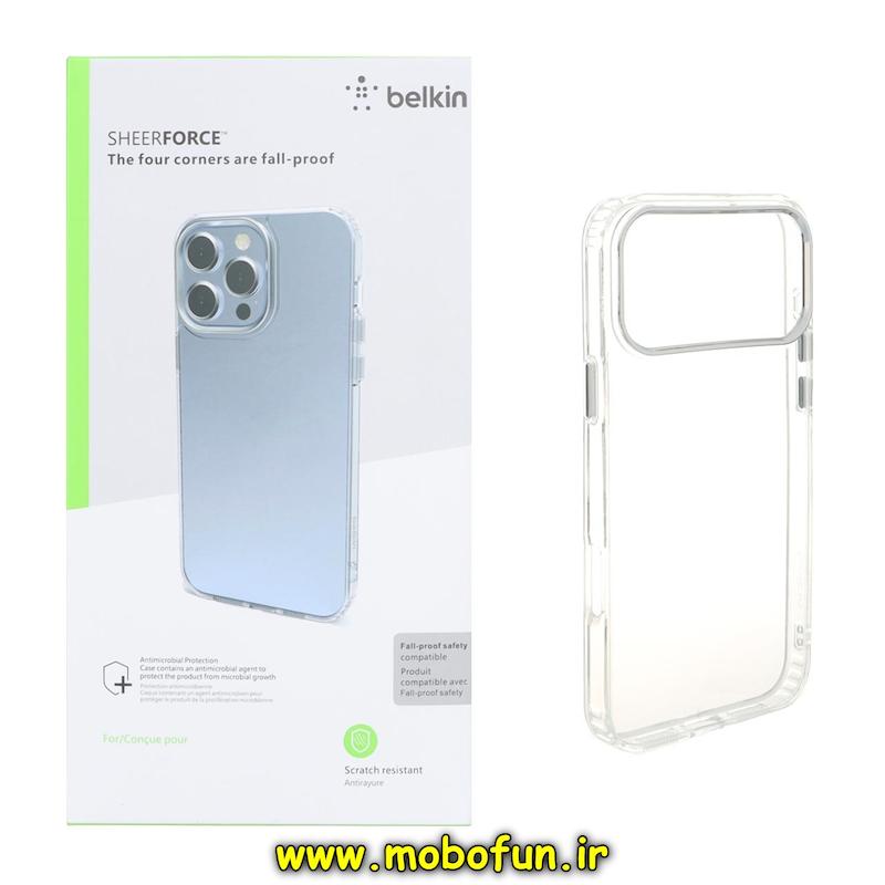 قاب گوشی iPhone 17 Pro آیفون اورجینال بلکین belkin طرح طلقی شیشه ای شفاف کرومی کد 94427
