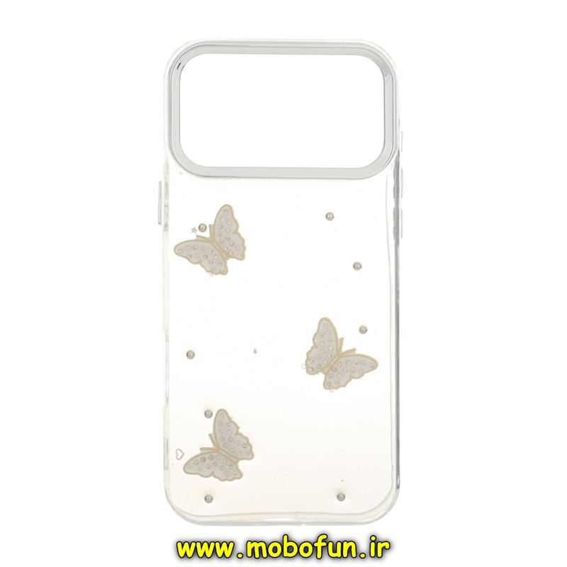 قاب گوشی iPhone 17 Pro Max آیفون لاکچری شفاف شاین رزینی لنز کرومی طرح پروانه کیوت کد 94434