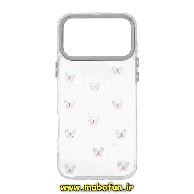 قاب گوشی iPhone 17 Pro Max آیفون لاکچری شفاف شاین رزینی لنز کرومی طرح پروانه کیوت کد 94447