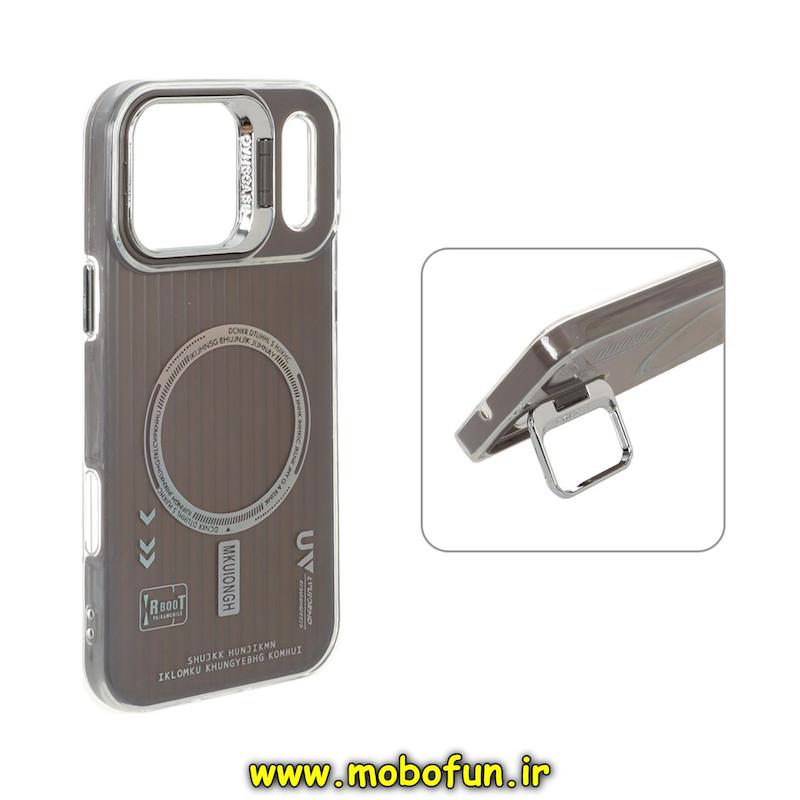 قاب گوشی iPhone 17 Pro Max آیفون دولایه سیلیکونی استندشو طرح مگ سیف کرکره ای کلاسیک خاکستری کد 94477