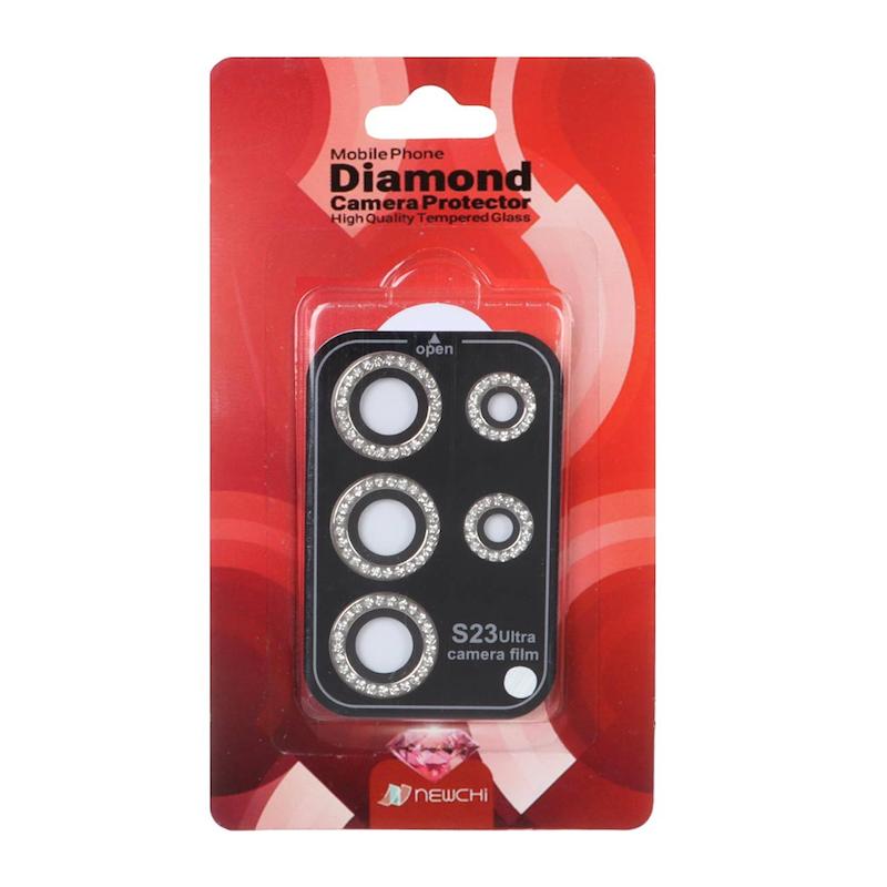 محافظ لنز Galaxy S23 Ultra سامسونگ رینگی نگین دار اورجینال Newchi نیوچی شابلون دار مشکی کد 94576