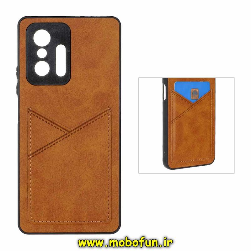 قاب گوشی Xiaomi Mi 11T / Mi 11T Pro شیائومی چرمی جاکارتی دار داخل خز محافظ لنزدار عسلی کد 94669