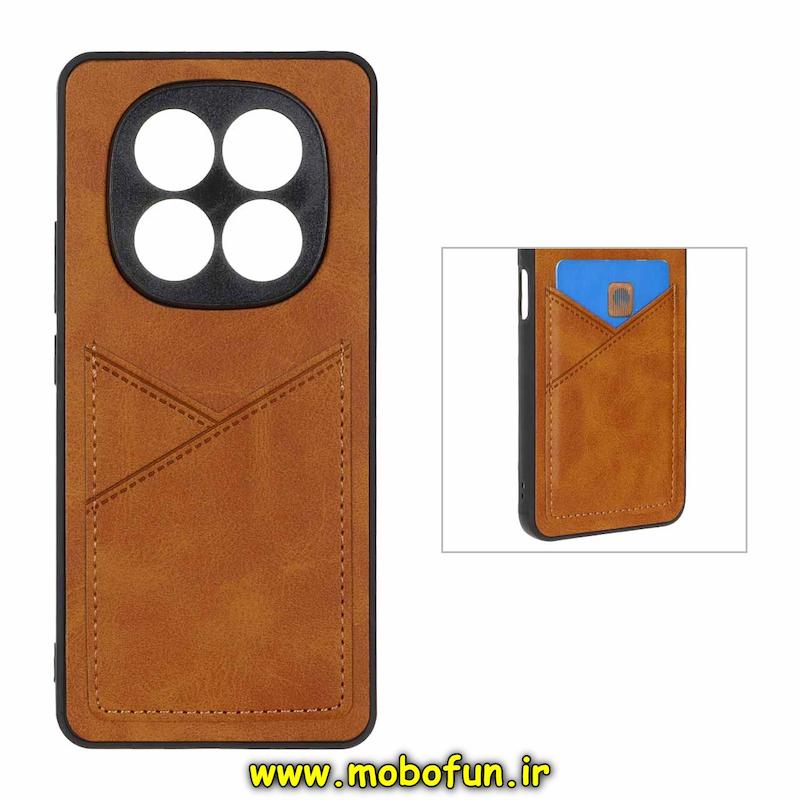 قاب گوشی Redmi Note 14 Pro 4G شیائومی چرمی جاکارتی دار داخل خز محافظ لنزدار عسلی کد 95700