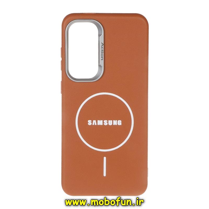 قاب گوشی Galaxy S24 FE سامسونگ لدر دیزاین SOFT Lether Design اکشن ACTION سیلیکونی طرح مگ سیف قهوه ای کد 95886