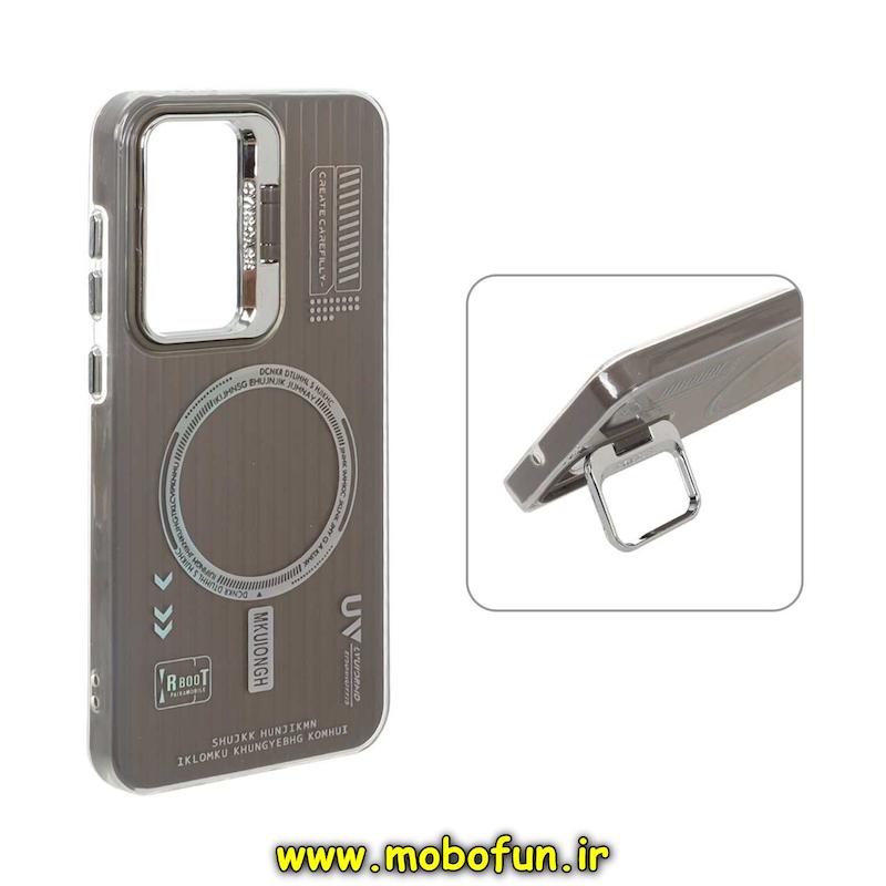 قاب گوشی Galaxy S24 FE سامسونگ دولایه سیلیکونی استندشو طرح مگ سیف کرکره ای کلاسیک خاکستری کد 95893