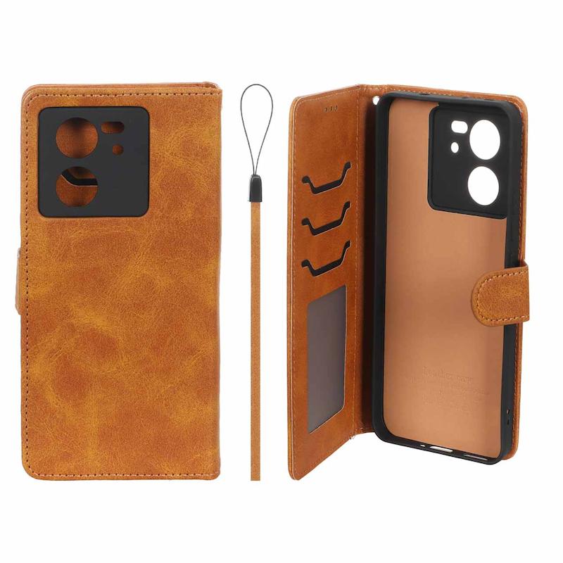 کیف گوشی Xiaomi 13T - Xiaomi 13T Pro شیائومی مگنتی طرح چرم کتابی بنددار عسلی کد 96110