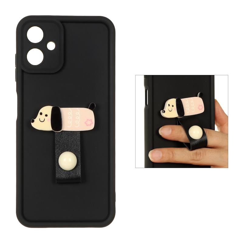 قاب گوشی Galaxy A06 سامسونگ Solid عروسکی سیلیکونی برجسته محافظ لنزدار بند انگشتی طرح سگ کیوت مشکی کد 96115