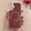 قاب گوشی iPhone 17 آیفون اورجینال Protection Case چرمی دوخت دار دور کرومی مگ سیف Magsafe اورجینال زرشکی کد 115527