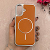 قاب گوشی iPhone 17 آیفون اورجینال Protection Case چرمی دوخت دار دور کرومی مگ سیف Magsafe اورجینال عسلی کد 115528