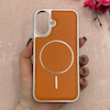 قاب گوشی iPhone 16 آیفون اورجینال Protection Case چرمی دوخت دار دور کرومی مگ سیف Magsafe اورجینال عسلی کد 115529
