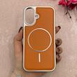 قاب گوشی iPhone 16 آیفون اورجینال Protection Case چرمی دوخت دار دور کرومی مگ سیف Magsafe اورجینال عسلی کد 115529