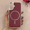 قاب گوشی iPhone 16 آیفون اورجینال Protection Case چرمی دوخت دار دور کرومی مگ سیف Magsafe اورجینال زرشکی کد 115531