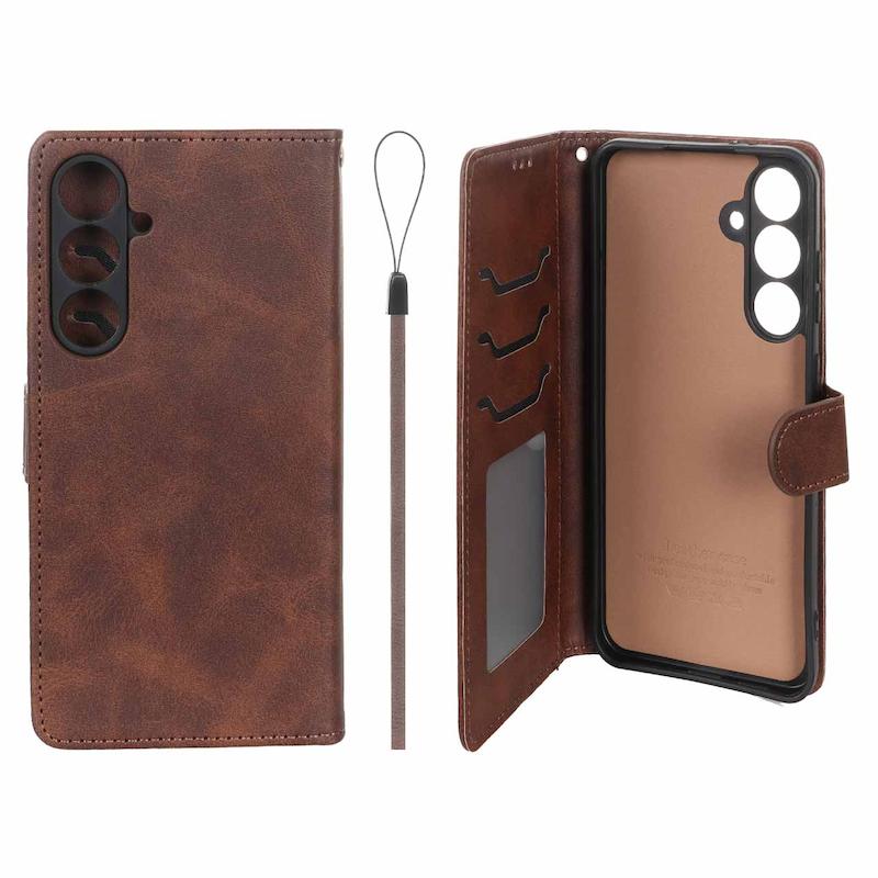 کیف گوشی Galaxy S24 FE سامسونگ مگنتی طرح چرم کتابی بنددار قهوه ای کد 96324