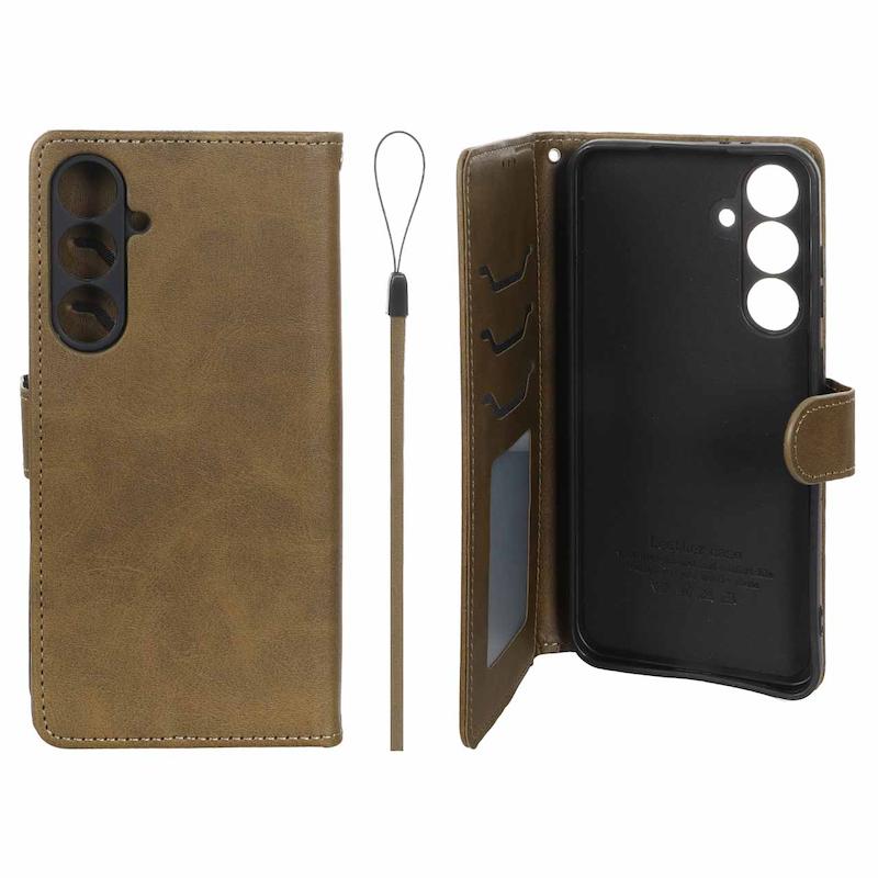 کیف گوشی Galaxy S24 FE سامسونگ مگنتی طرح چرم کتابی بنددار سبز زیتونی کد 96326
