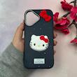 قاب گوشی iPhone 16 آیفون لدرکیس عروسکی فانتزی سیلیکونی برجسته طرح چرمی کیتی Kitty سرمه ای کد 116485