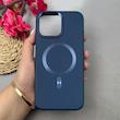 قاب گوشی iPhone 16 Pro Max آیفون اورجینال Leather Case لدر کیس Q Series مگ سیف دار سرمه ای کد E21-97142