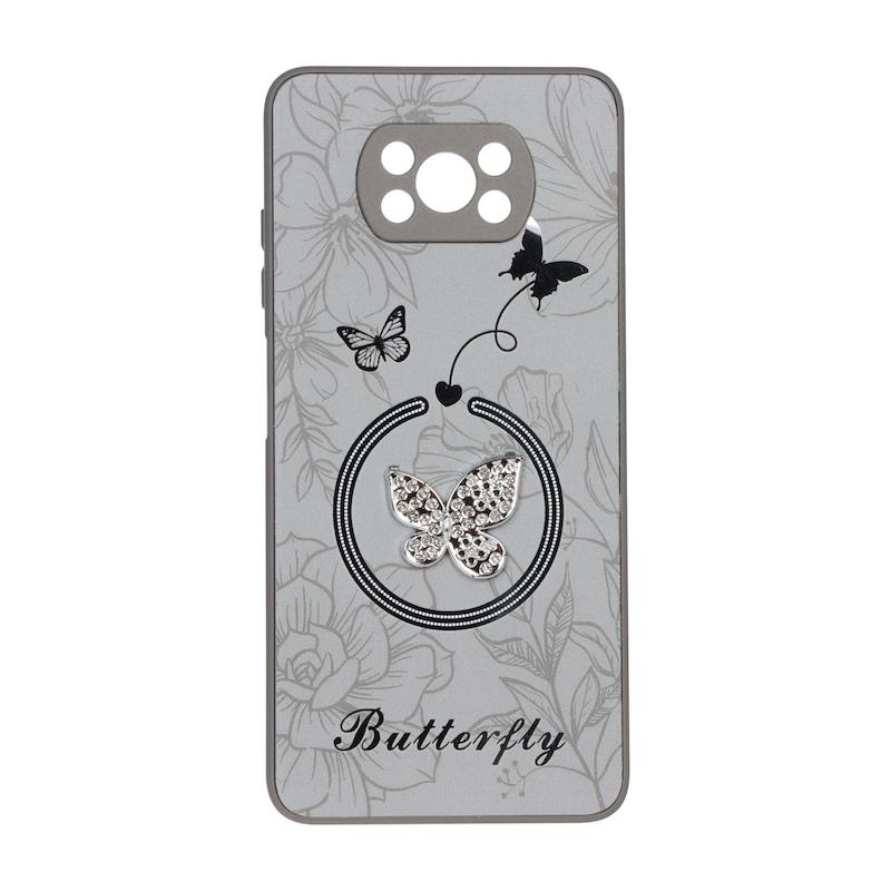 قاب گوشی Poco X3 - Poco X3 Pro شیائومی Butterfly نگین دار آینه ای سخت Hard کیوت طوسی کد E19-126664