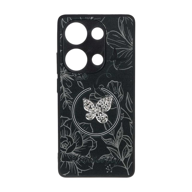 قاب گوشی Redmi Note 13 Pro 4G - Poco M6 Pro 4G شیائومی Butterfly نگین دار آینه ای سخت Hard کیوت مشکی کد 126681