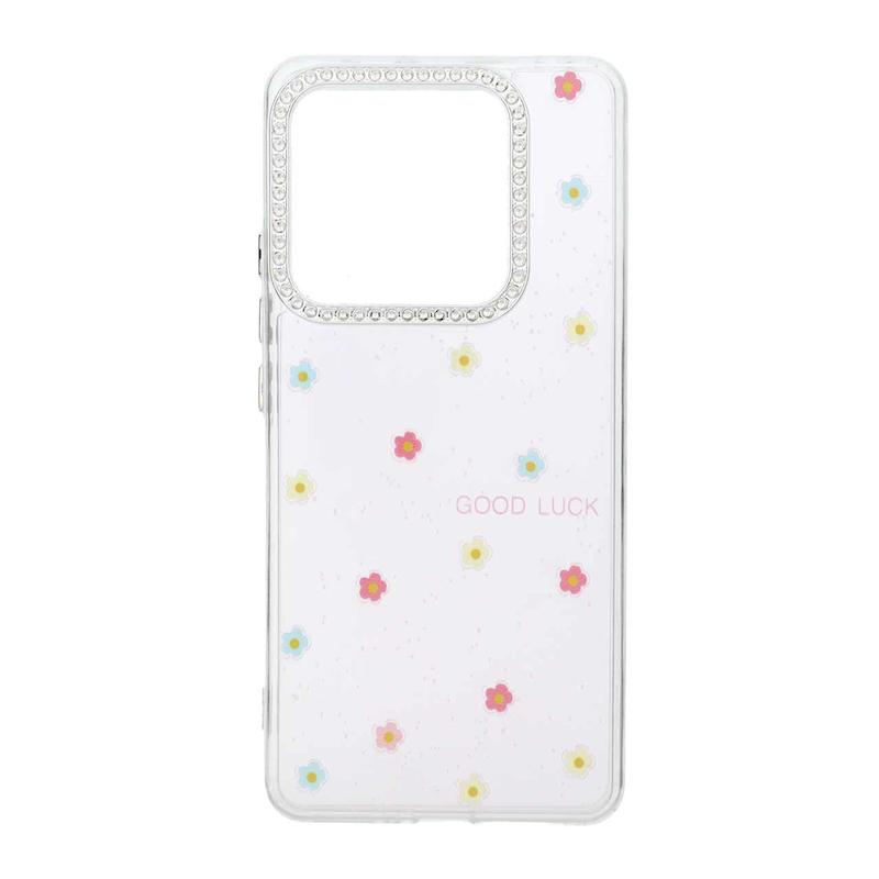 قاب گوشی Poco M7 Pro 5G شیائومی شفاف ژله ای Flower محافظ لنز کروم نگین دار کد 127809