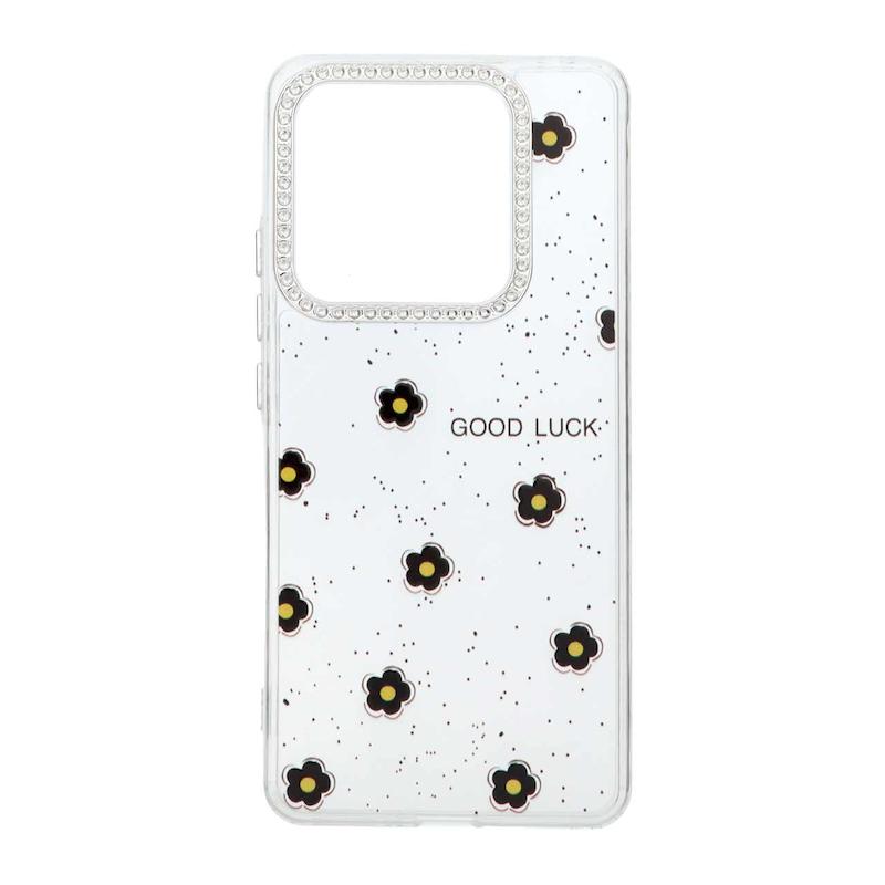 قاب گوشی Poco M7 Pro 5G شیائومی شفاف ژله ای Flower محافظ لنز کروم نگین دار کد 127810