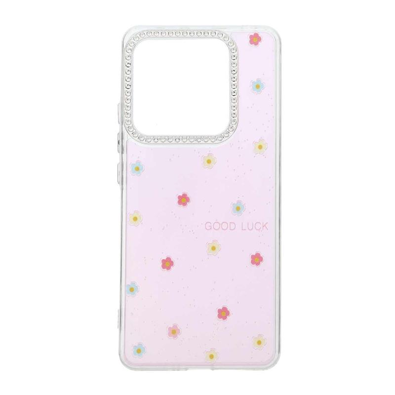 قاب گوشی Poco M7 Pro 5G شیائومی شفاف ژله ای Flower محافظ لنز کروم نگین دار کد 127811