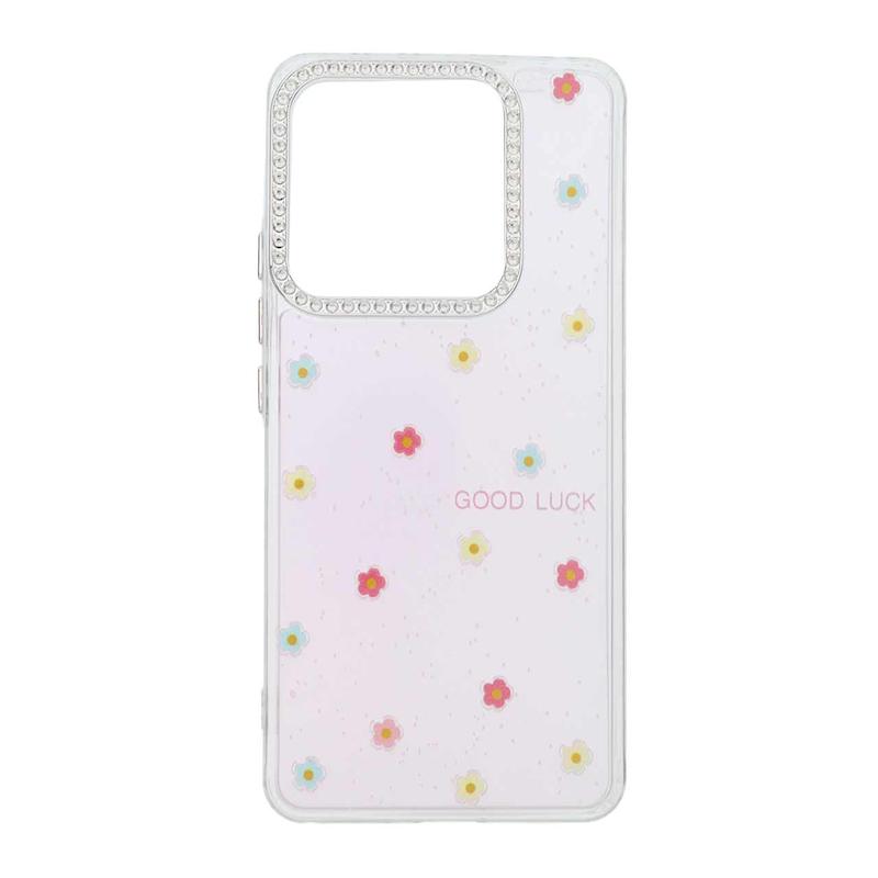 قاب گوشی Redmi Note 14 4G شیائومی شفاف ژله ای Flower محافظ لنز کروم نگین دار کد 127820