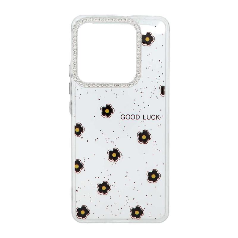قاب گوشی Redmi Note 14 4G شیائومی شفاف ژله ای Flower محافظ لنز کروم نگین دار کد 127821