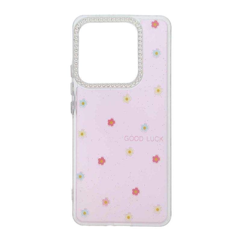 قاب گوشی Redmi Note 14 4G شیائومی شفاف ژله ای Flower محافظ لنز کروم نگین دار کد 127822