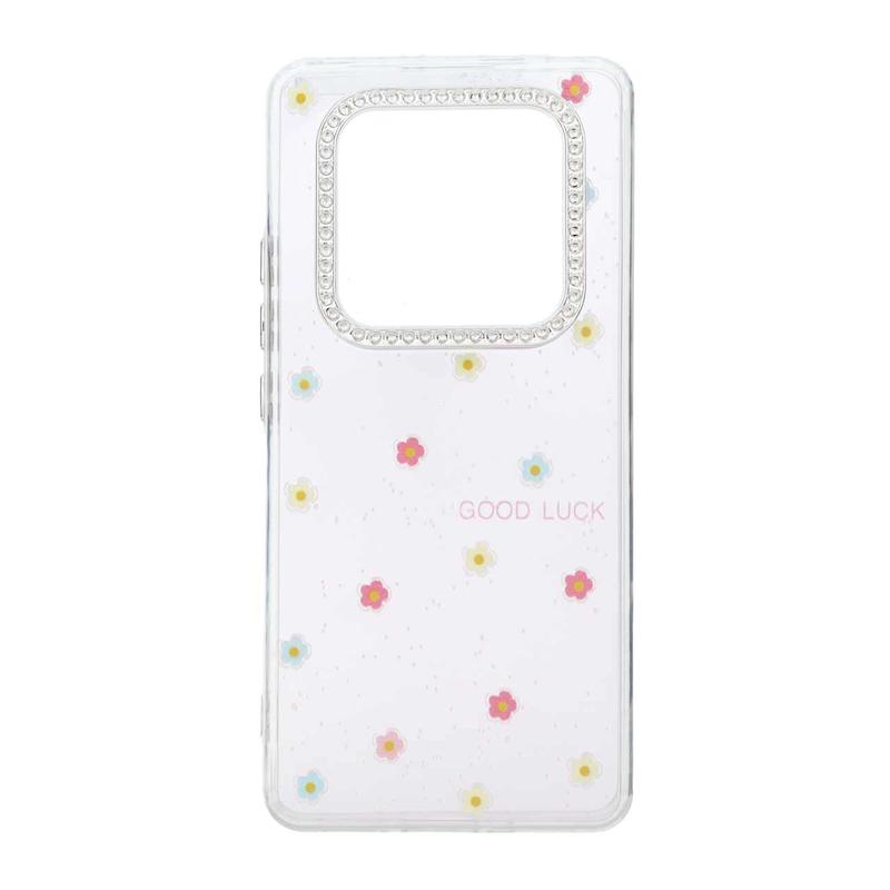 قاب گوشی Redmi Note 14 Pro 4G شیائومی شفاف ژله ای Flower محافظ لنز کروم نگین دار کد 127823