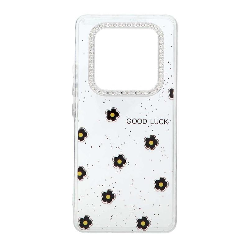 قاب گوشی Redmi Note 14 Pro 4G شیائومی شفاف ژله ای Flower محافظ لنز کروم نگین دار کد 127824