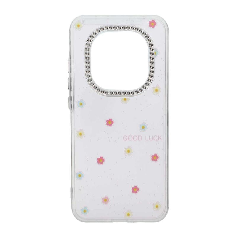 قاب گوشی Redmi Note 15 Pro 5G شیائومی شفاف ژله ای Flower محافظ لنز کروم نگین دار کد 127829