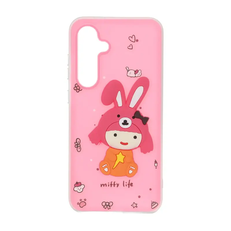 قاب گوشی Galaxy S24 FE سامسونگ دو لایه مات پاستیلی عروسک برجسته صورتی فانتزی کد 127617