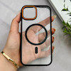 قاب گوشی iPhone 15 آیفون اورجینال Orange Line مگ سیف دار طلقی شیشه ای شفاف مشکی کد 128453