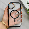 قاب گوشی iPhone 16 آیفون اورجینال Orange Line مگ سیف دار طلقی شیشه ای شفاف مشکی کد 128454