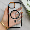 قاب گوشی iPhone 13 - 14 آیفون اورجینال Orange Line مگ سیف دار طلقی شیشه ای شفاف مشکی کد 128472