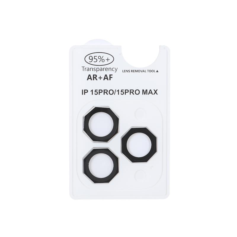 محافظ لنز iPhone 15 Pro - 15 Pro Max آیفون رینگی فلزی - شیشه ای اورجینال چند ضلعی AR AF سه عددی مشکی کد 99063