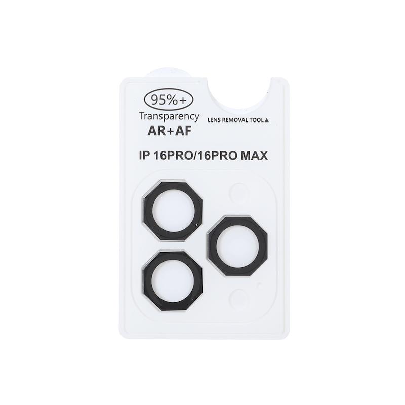محافظ لنز iPhone 16 Pro - 16 Pro Max آیفون رینگی فلزی - شیشه ای اورجینال چند ضلعی AR AF سه عددی مشکی کد 99071