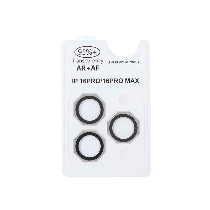 محافظ لنز iPhone 16 Pro - 16 Pro Max آیفون رینگی فلزی - شیشه ای اورجینال چند ضلعی AR AF سه عددی نقره ای کد 99072