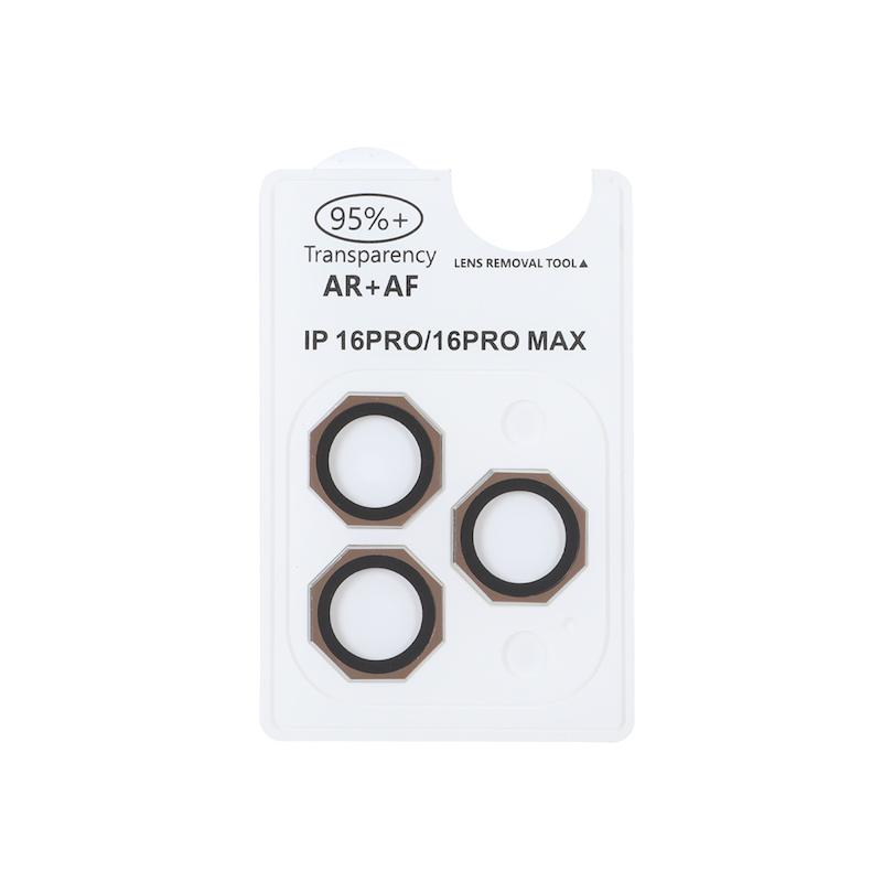 محافظ لنز iPhone 16 Pro - 16 Pro Max آیفون رینگی فلزی - شیشه ای اورجینال چند ضلعی AR AF سه عددی طلایی کد 99073