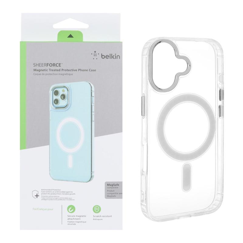 قاب گوشی iPhone 17 آیفون اورجینال بلکین belkin طرح طلقی شیشه ای شفاف لنز کرومی مگ سیف دار کد 99077